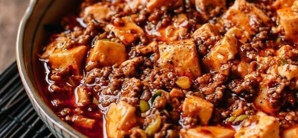Mapo Tofu in a bowl with meet and veggies